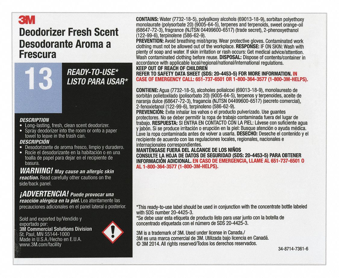 Secondary Bottle Label: 11 in Ht, 8 1/2 in Wd, 3M Deodorizer 13, 12 PK