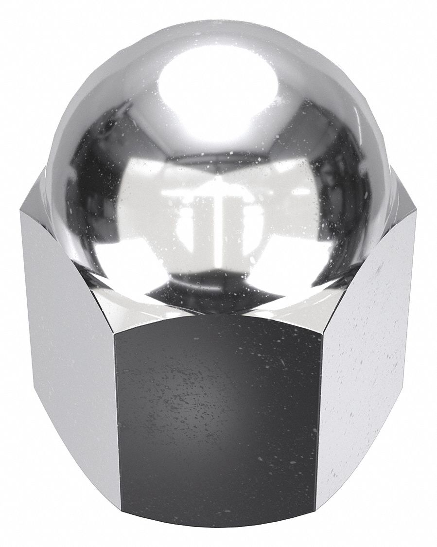 Cap Nut: 1/2"-20 Thread, Chrome-Plated, 12L14, Steel, 1.066 in Ht, 3/4 in Hex Wd, 5 PK