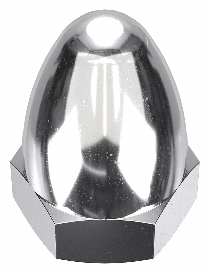 Cap Nut: 7/16"-14 Thread, Chrome-Plated, 12L14, Steel, 0.915 in Ht, 5/8 in Hex Wd, 5 PK
