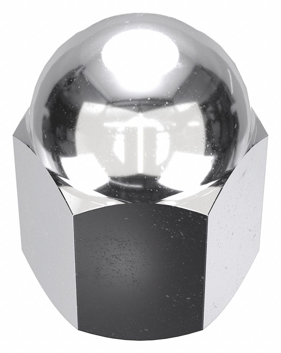 Cap Nut: 1/2"-13 Thread, Chrome-Plated, 12L14, Steel, 1.066 in Ht, 3/4 in Hex Wd, 5 PK
