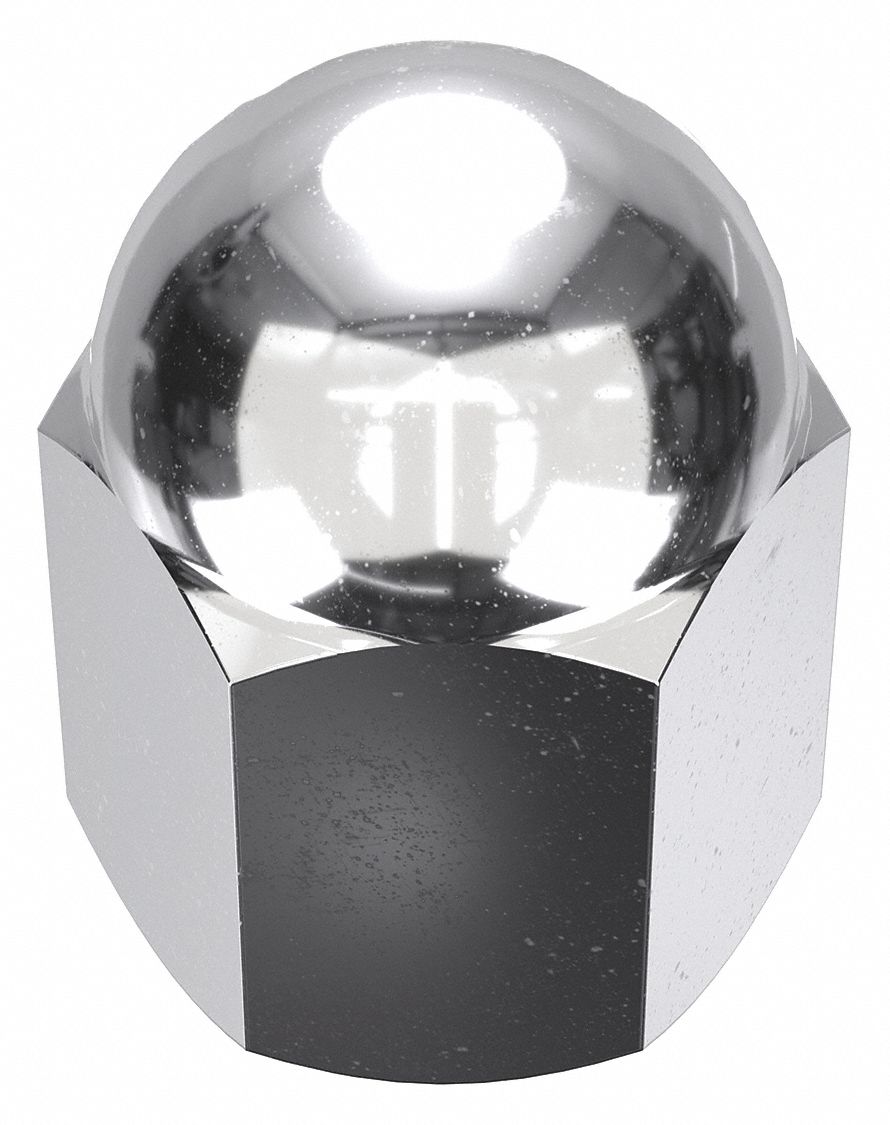 Cap Nut: 1/4"-20 Thread, Chrome-Plated, 12L14, Steel, 0.625 in Ht, 7/16 in Hex Wd, 5 PK