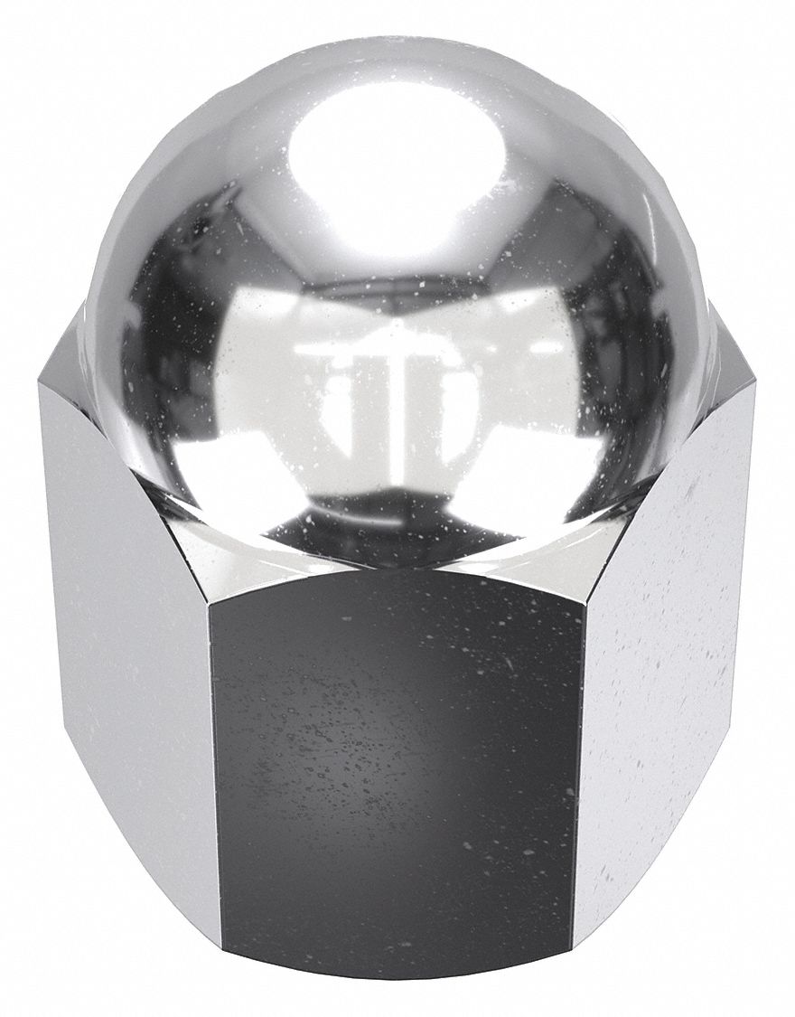 Cap Nut: #10-32 Thread, Chrome-Plated, 12L14, Steel, 0.555 in Ht, 3/8 in Hex Wd, 5 PK