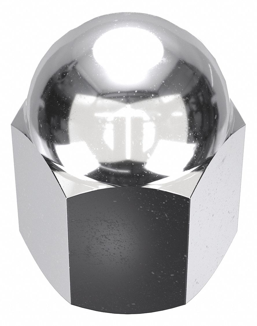 Cap Nut: 1/4"-28 Thread, Chrome-Plated, 12L14, Steel, 0.625 in Ht, 7/16 in Hex Wd, 5 PK