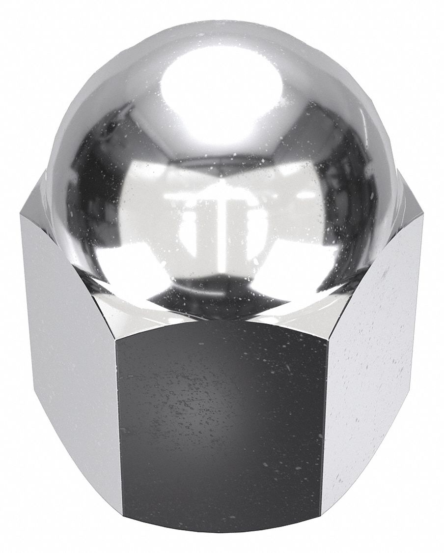 Cap Nut: 5/8"-11 Thread, Chrome-Plated, 12L14, Steel, 1.315 in Ht, 15/16 in Hex Wd, 5 PK