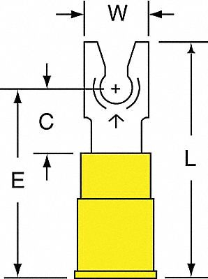 Fork Terminals: Yellow, Vinyl, #6 Stud Size, 12 AWG – 10 AWG Wire Range, Locking Fork, 1, 000 V