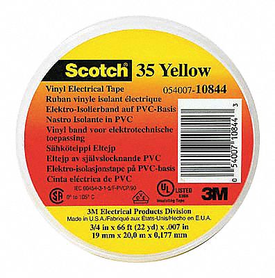 RUBAN ISOLANT,CODE DE COULEUR,TRACTION 17 LB/PO,JAUNE,20 PI X 1/2 PO X 7 MM,VNYL