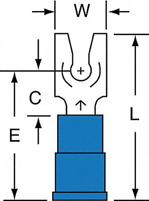 Fork Terminals: Blue, Vinyl, #14 Stud Size, 16 AWG – 14 AWG Wire Range, Locking Fork, 600 V