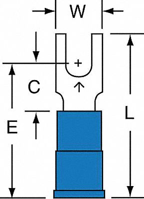 Fork Terminals: Blue, Vinyl, #6 Stud Size, 16 AWG – 14 AWG Wire Range, Block Fork, 1, 000 V