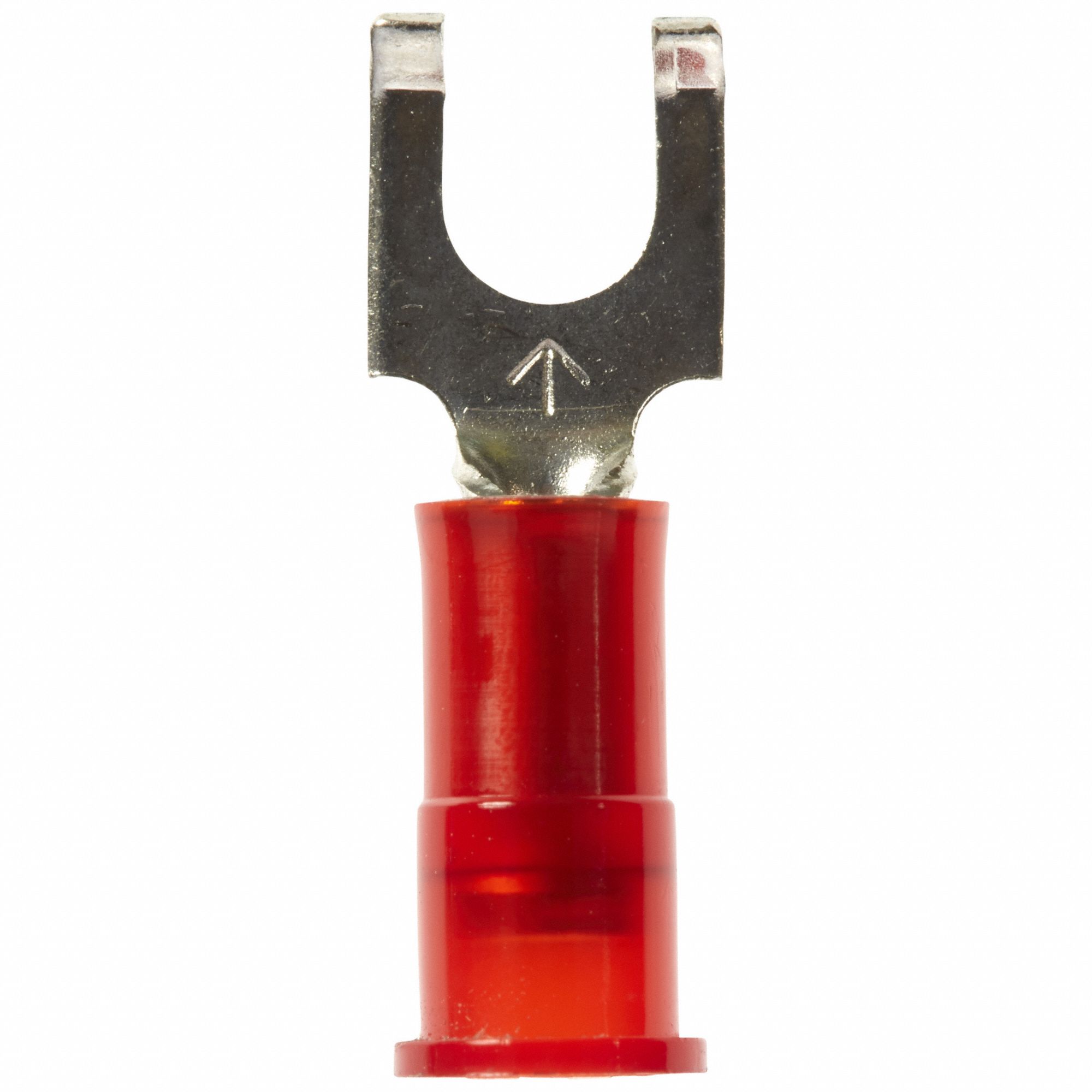Fork Terminals: Red, Nylon, #8 Stud Size, 22 AWG – 18 AWG Wire Range, Flanged Fork, 600 V