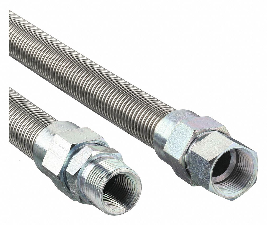 Gas Connector: 3/4 in Hose Inside Dia., 24 in Hose Lg, 290, 900 BTU Capacity, Silver, FNPT x FNPT