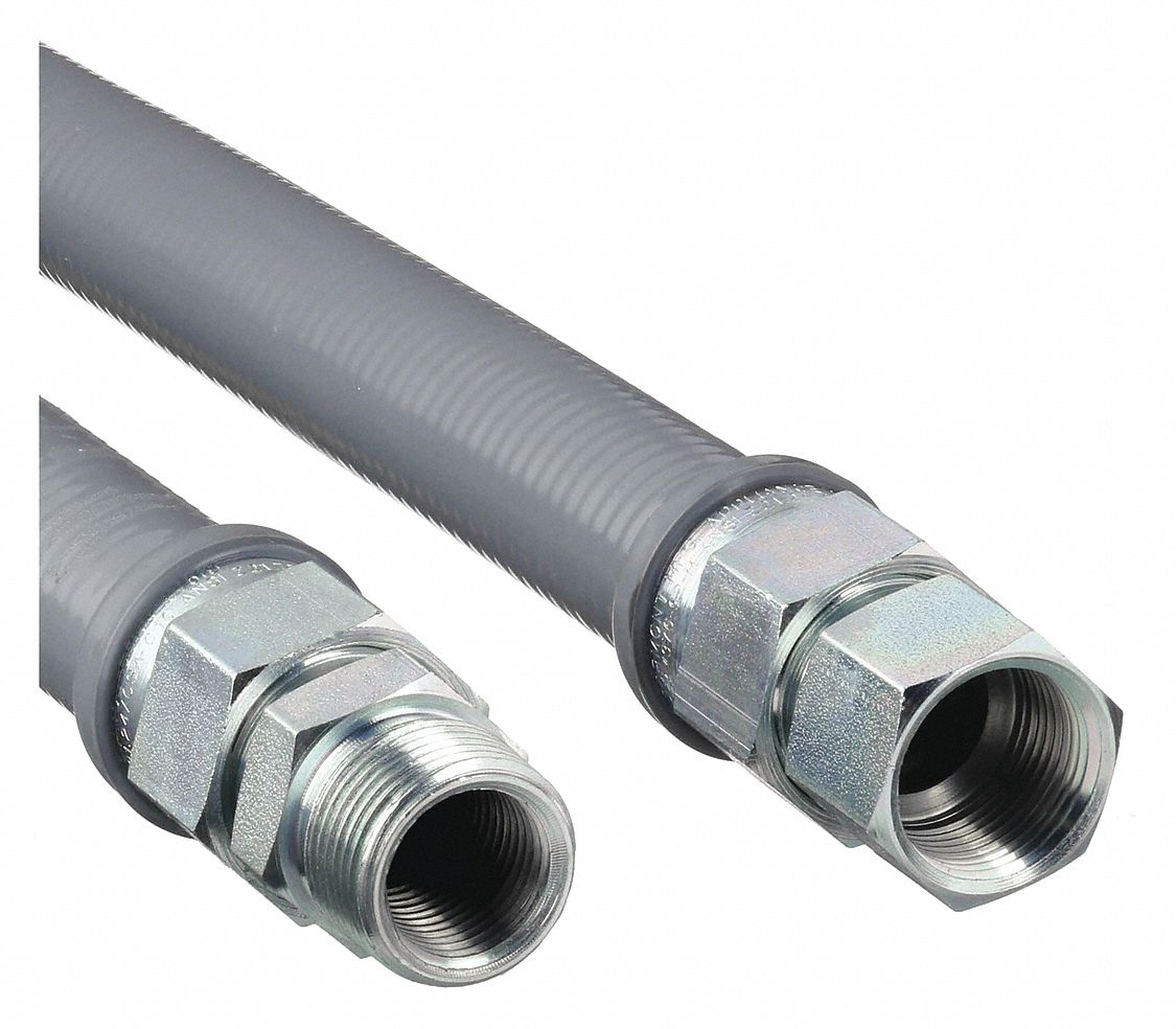 Gas Connector: 3/4 in Hose Inside Dia., 36 in Hose Lg, 255, 900 BTU Capacity, Gray, MIP x FIP