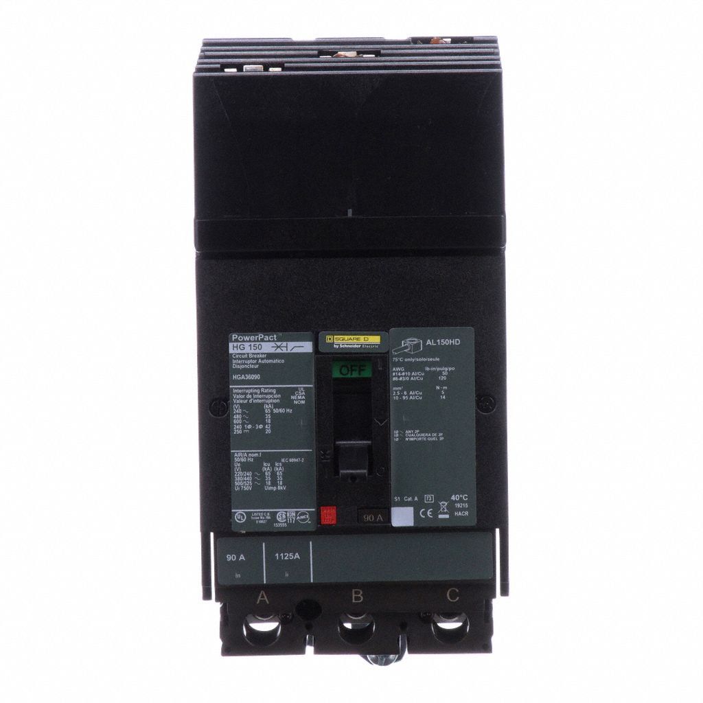 Molded Case Circuit Breaker: 90 A Amps, 65kA at 240V AC, Fixed, Lug, ABC, 800 A Low Amp Trip Setting