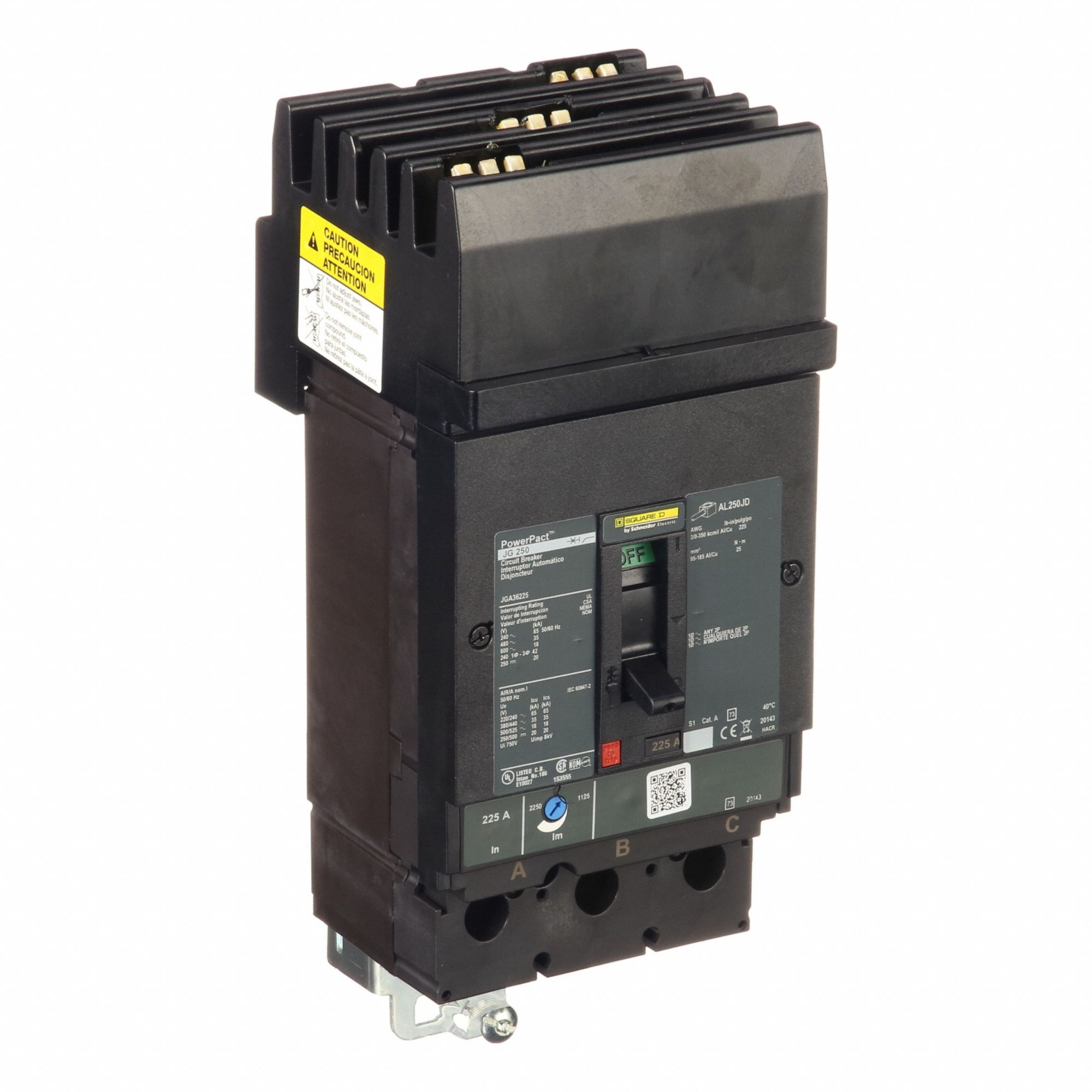Molded Case Circuit Breaker: 225 A Amps, 25kA at 240V AC, Instantaneous, Line/Load Lug, ABC, 3 Poles