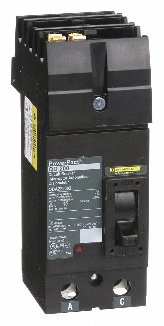 Molded Case Circuit Breaker: 200 A Amps, 25kA at 240V AC, Fixed, Lug, AC, 2 Poles, 240V AC, QD