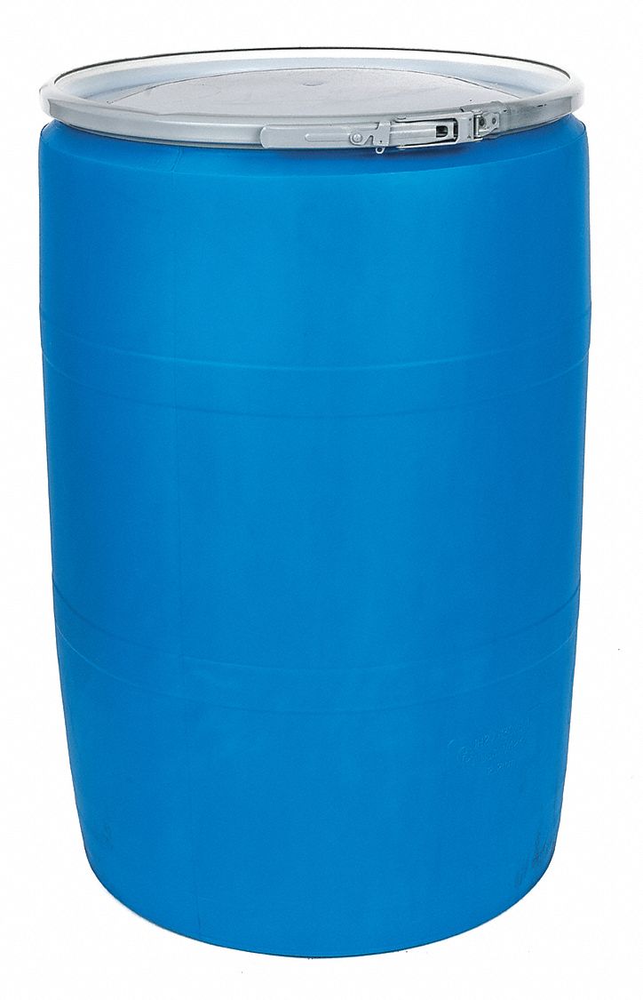 TRANSPORT DRUM, POLYETHYLENE, 55 GALON, LEVER LOCK RING, BLUE/WHITE