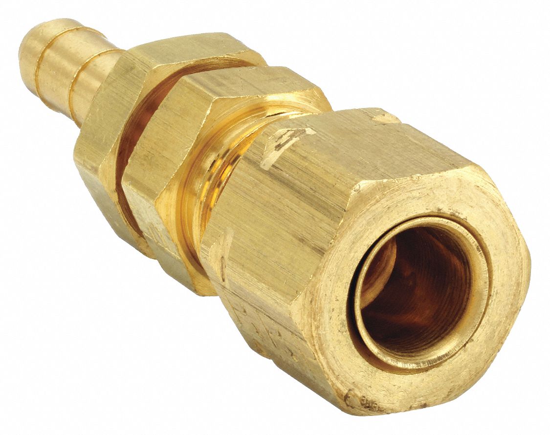 Compression Fitting Union: 1/4 in OD x 1/4 in OD Fitting Size, Barbed x Compression, Brass