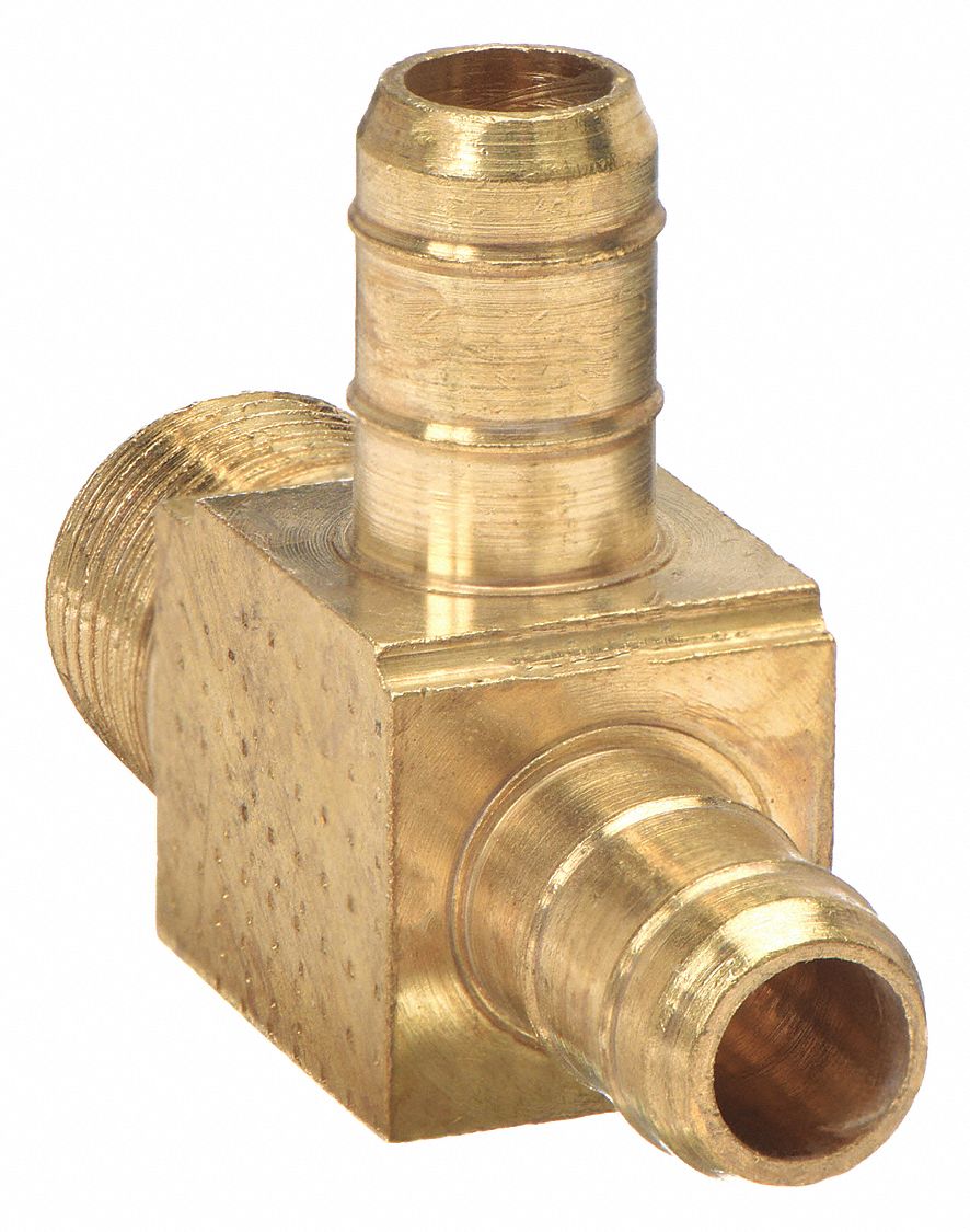 Barbed Tee: 5/32 in ID x 5/32 in ID Size, Barbed x MNPT x Barbed, Brass, Rigid