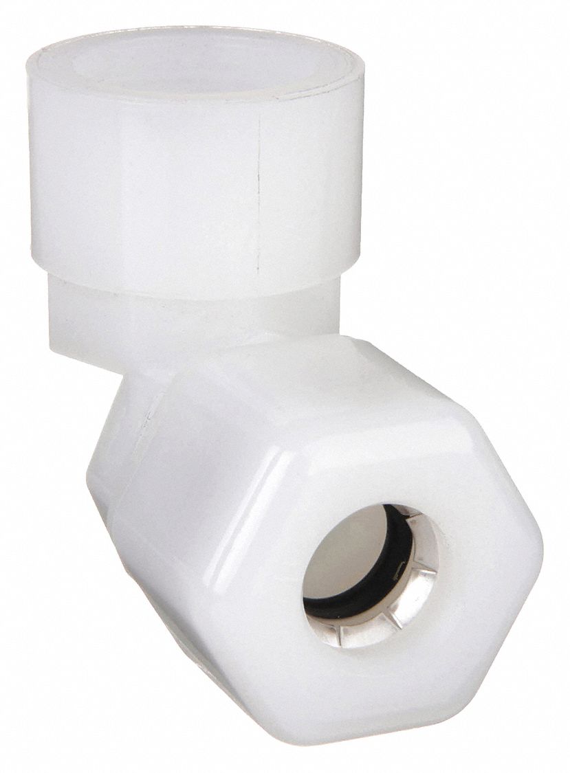 Compression Fitting Elbow: 1/2 in OD x 1/2 in Pipe Size, Compression x FNPTF, Nylon