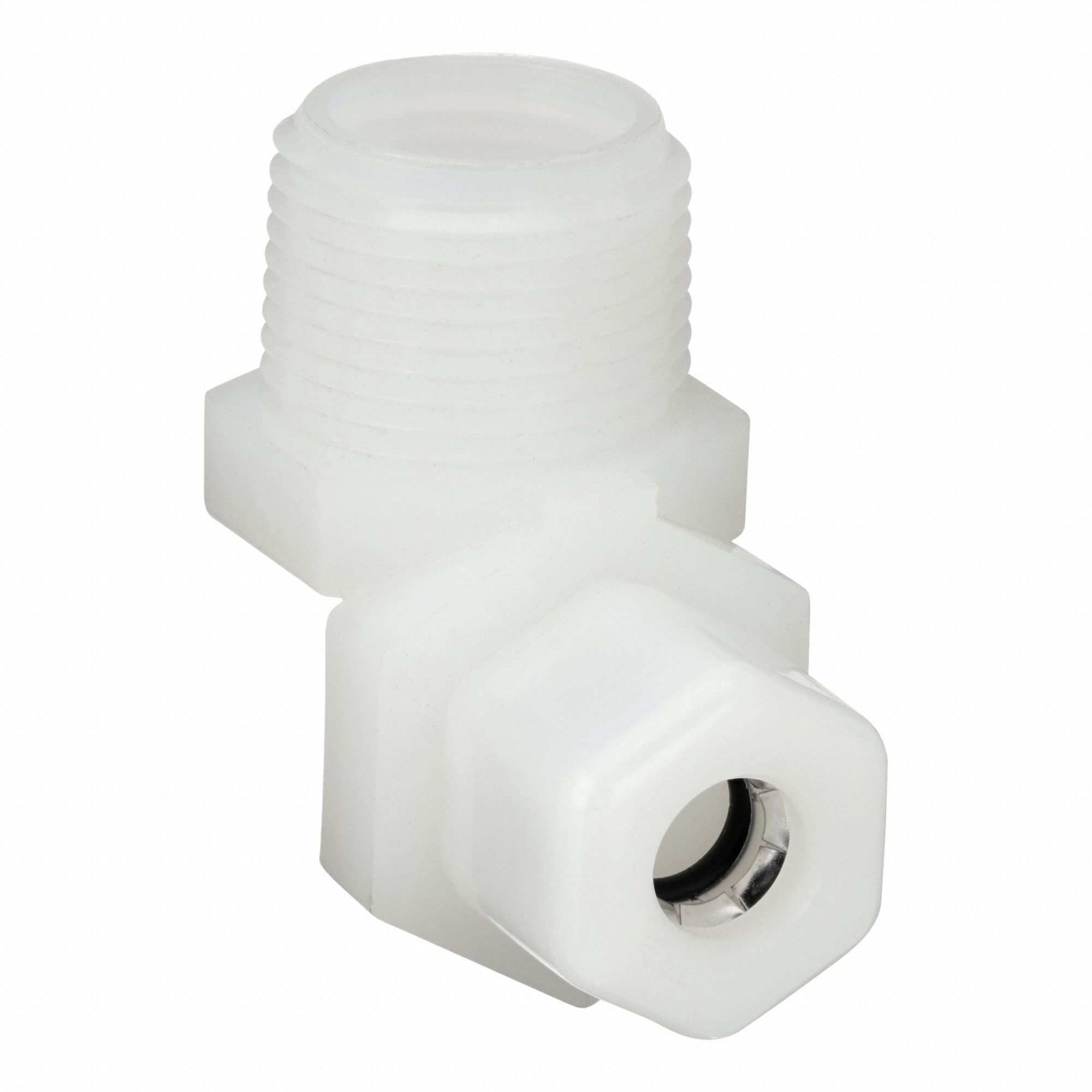 Compression Fitting Elbow: 1/4 in OD x 3/8 in Pipe Size, Compression x MNPTF, Nylon