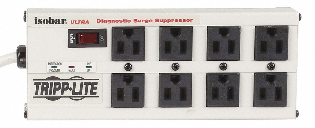 SURGE PROTECTOR OUTLET STRIP, 8 OUTLETS, NEMA 5-15R, NEMA 5-15P, 25 FT CORD, 9 IN L