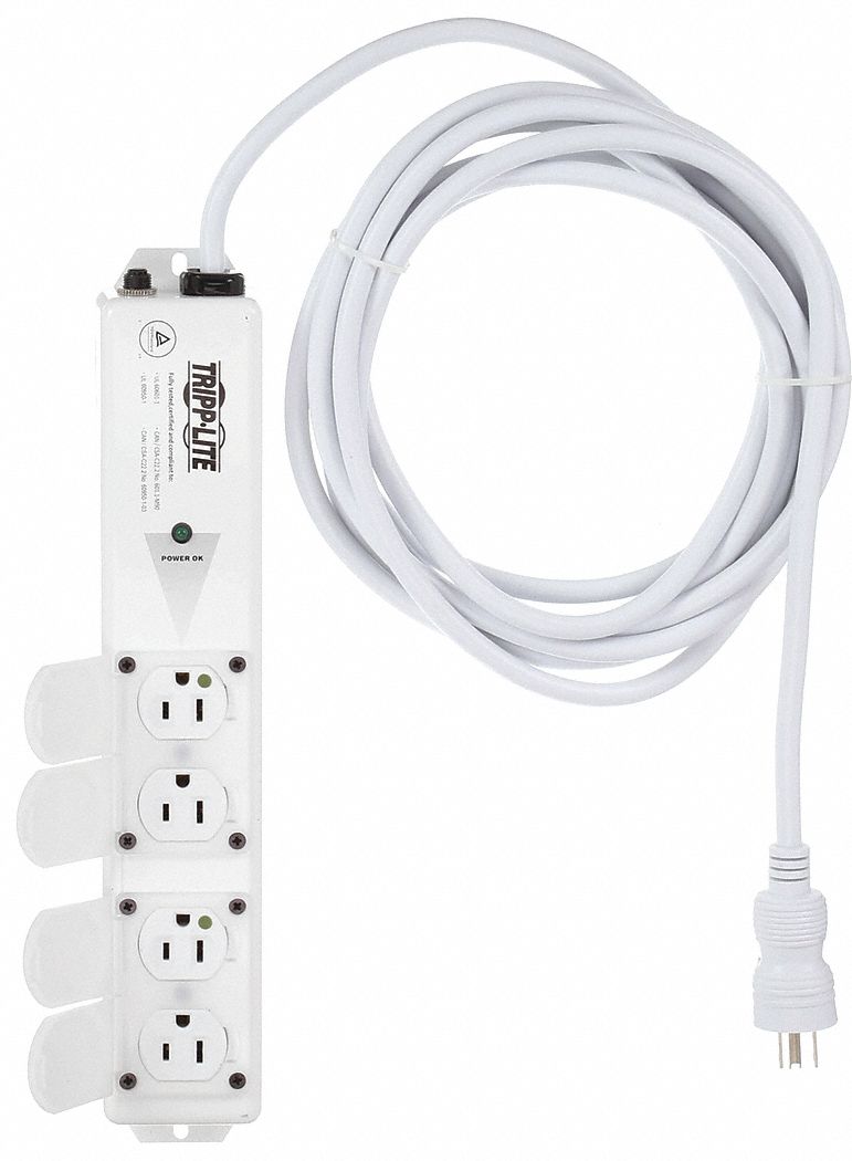 OUTLET STRIP, 4 OUTLETS, 15 FT CORD, 15 A MAX, WHITE, HOSPITAL GRADE NEMA 5-15P