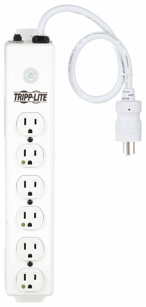 OUTLET STRIP, 6 OUTLETS, 1.5 FT CORD, 15 A MAX, WHITE, HOSPITAL GRADE NEMA 5-15P