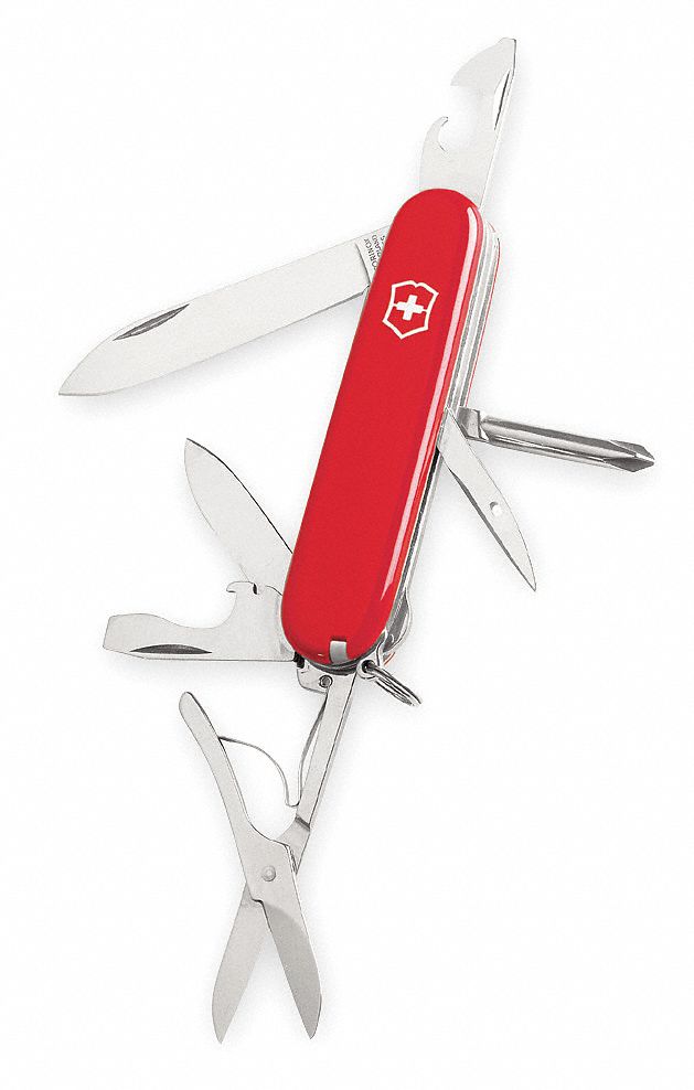 SWISS ARMY FOLDING KNIFE, 8 TOOLS, 3 1/2 IN CLOSED L, 6 1/4 IN OPEN L, STAINLESS STEEL