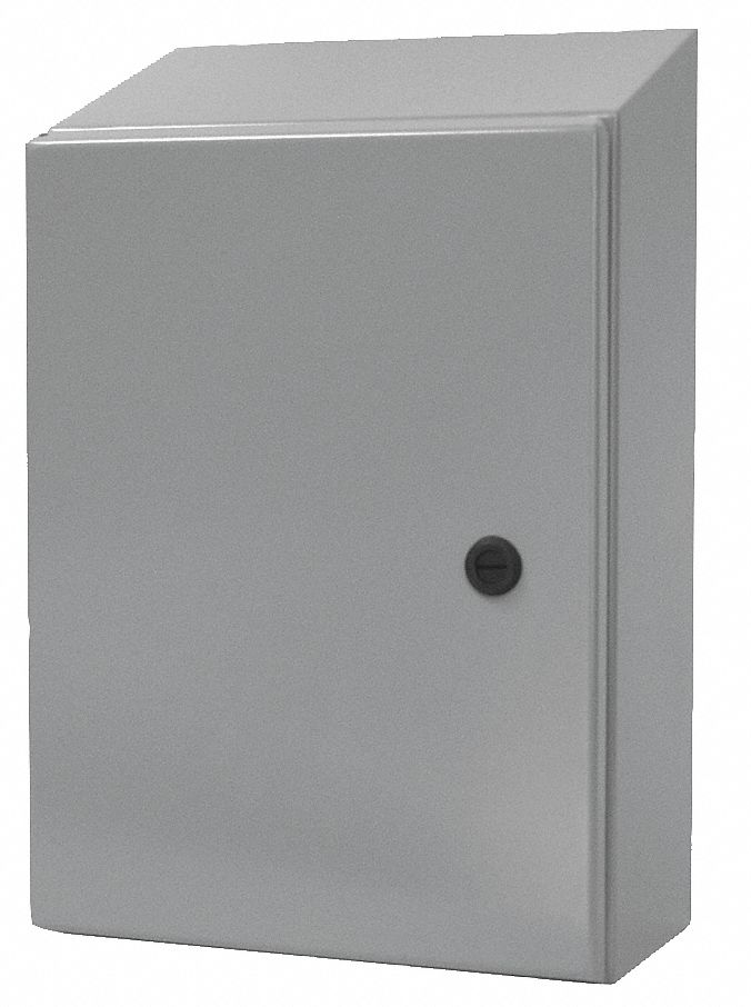 Sloped Top Enclosure: Steel, 16 in x 12 in x 6 in, NEMA 12/13/3R/4, Solid Cover, Hinged