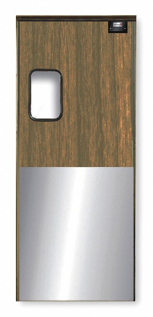 Swinging Door: Aluminum/Laminate, 1 Doors, Natural Wood, 3 ft Door Wd, 7 ft Door Ht, Window Included