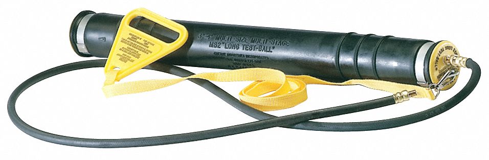 TEST BALL PLUG: FOR 2 IN TO 3 IN PIPE, HANDLE AND STRAP TETHER, TEXTURED BODY SURFACE