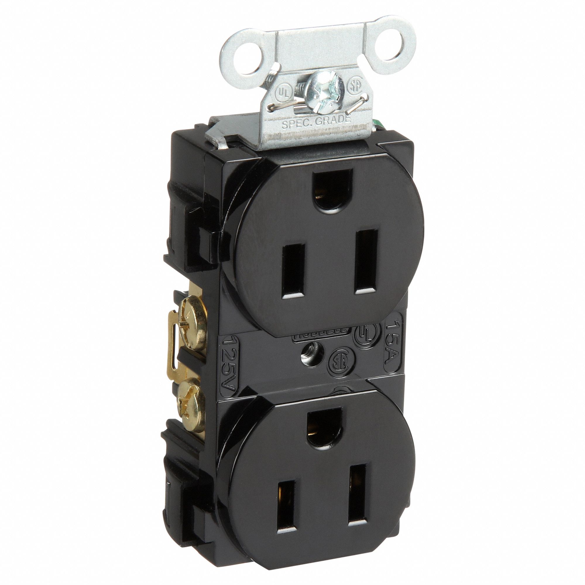 RECEPTACLE, DUPLEX, BLACK, 5-15R, 15 A, 125V AC, 2 POLE/3 WIRE, SCREW TERMINALS