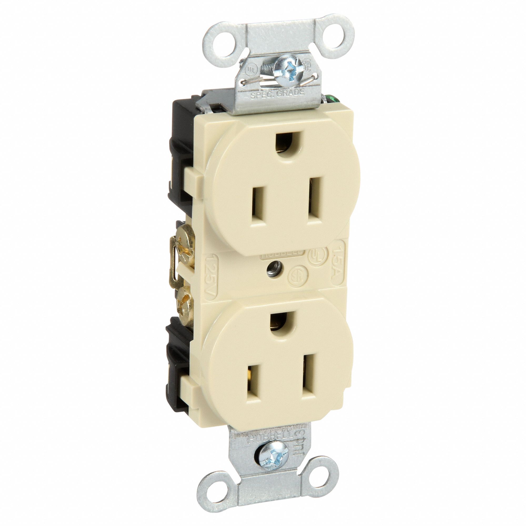 RECEPTACLE, DUPLEX, IVORY, 5-15R, 15 A, 125V AC, 2 POLE/3 WIRE, SCREW TERMINALS