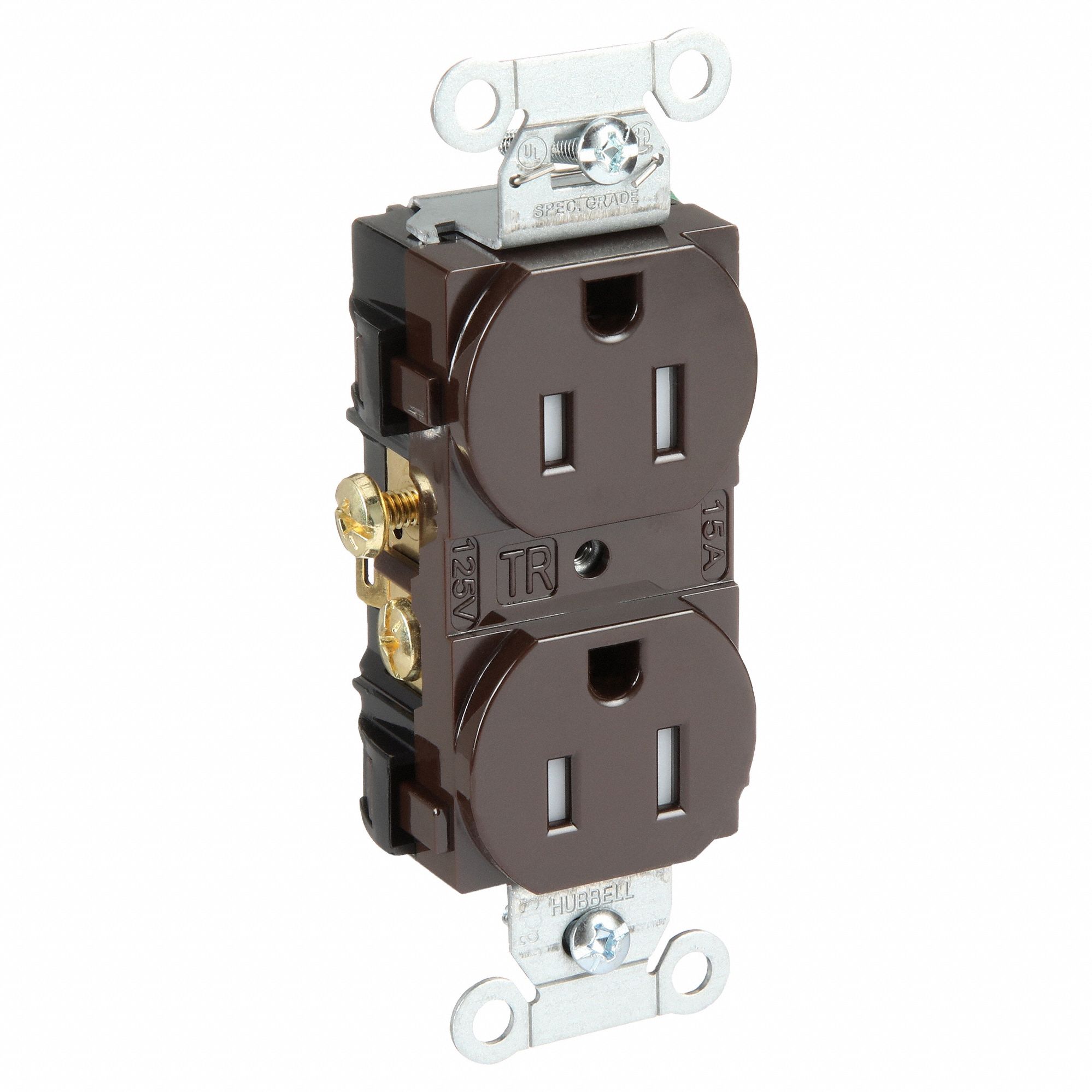 Receptacle: Duplex, Brown, 5-15R, 15 A, 125V AC, 2 Pole / 3 Wire, Screw Terminals