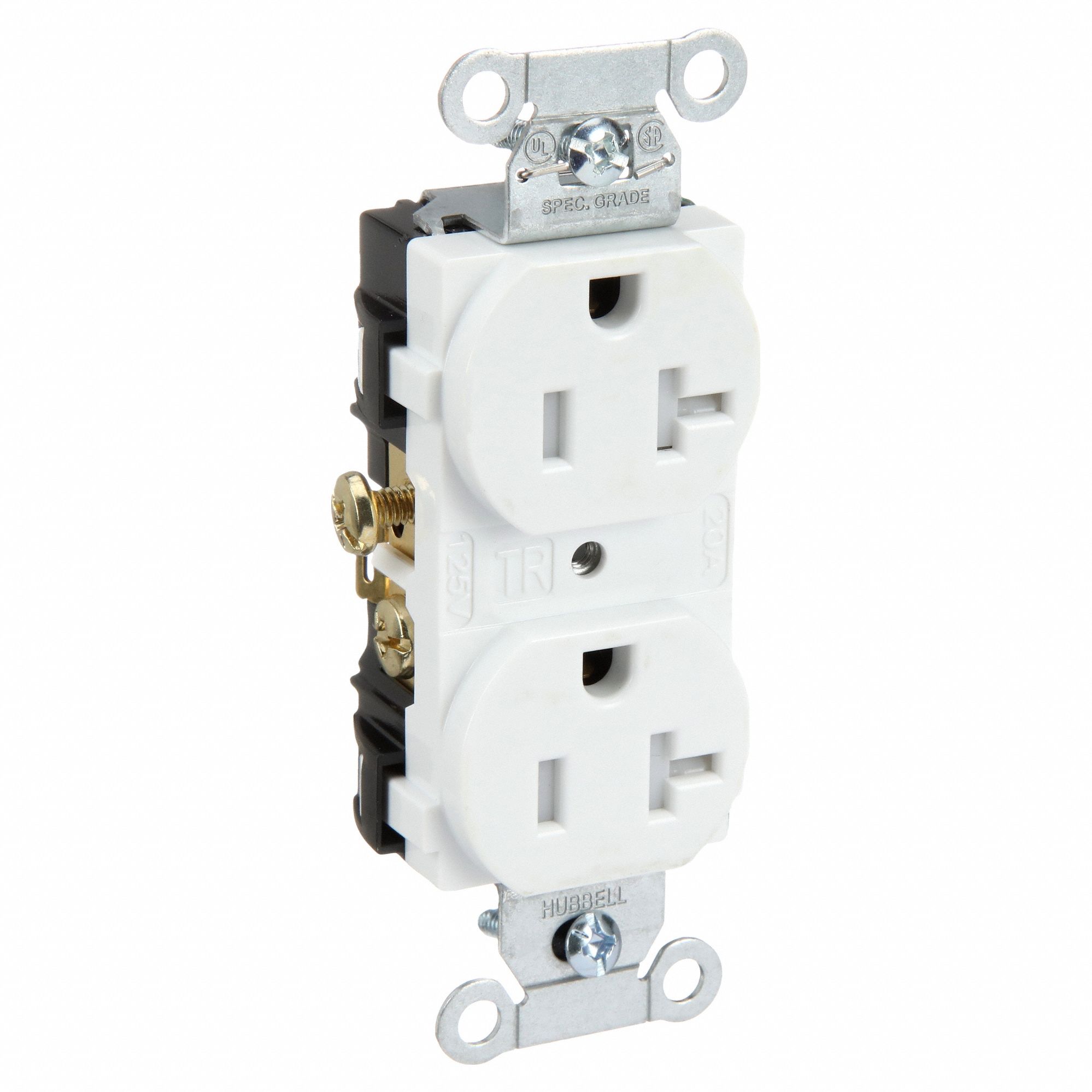 RECEPTACLE, DUPLEX, WHITE, 5-20R, 20 A, 125V AC, 2 POLE/3 WIRE, SCREW TERMINALS