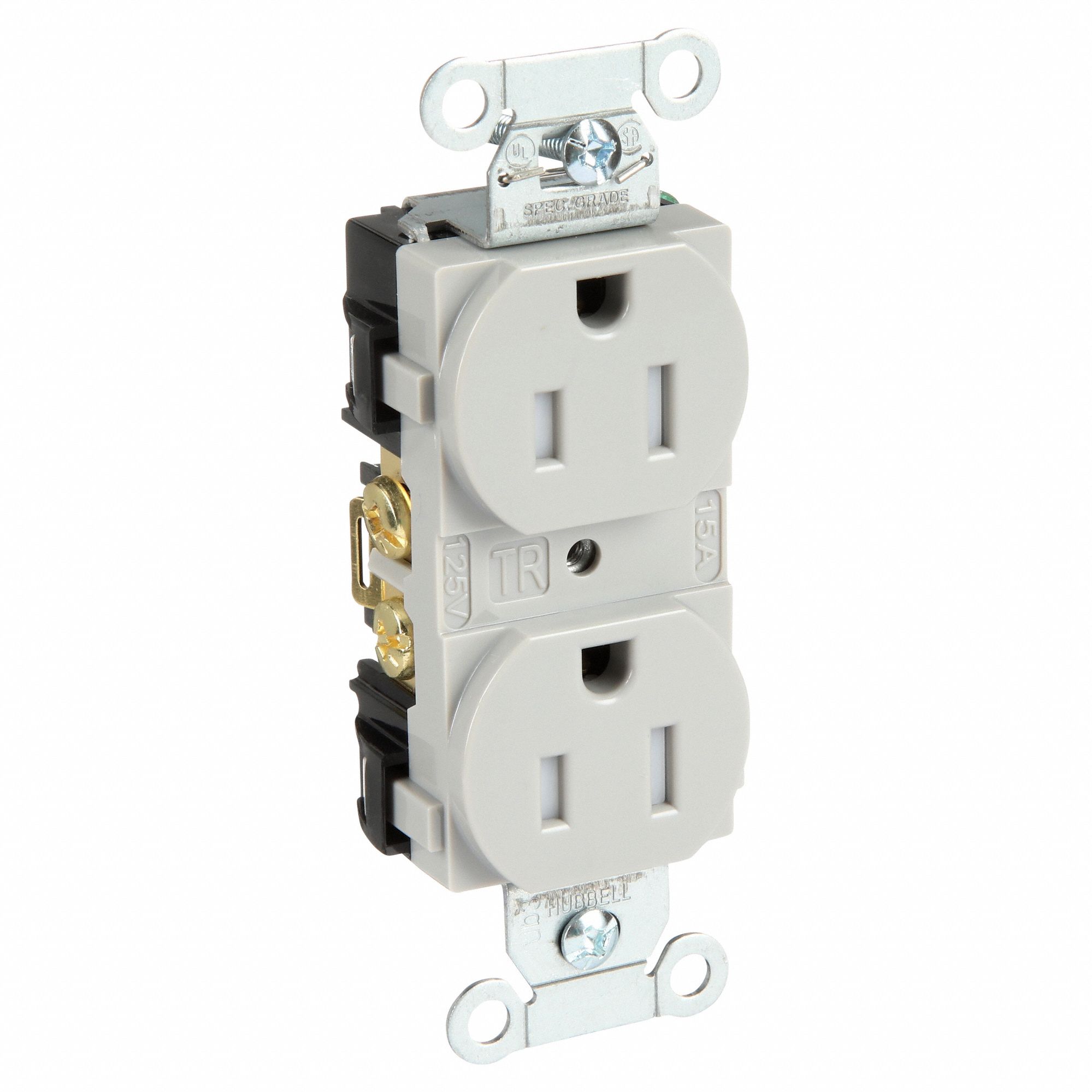 RECEPTACLE, DUPLEX, GREY, 5-15R, 15 A, 125V AC, 2 POLE/3 WIRE, SCREW TERMINALS