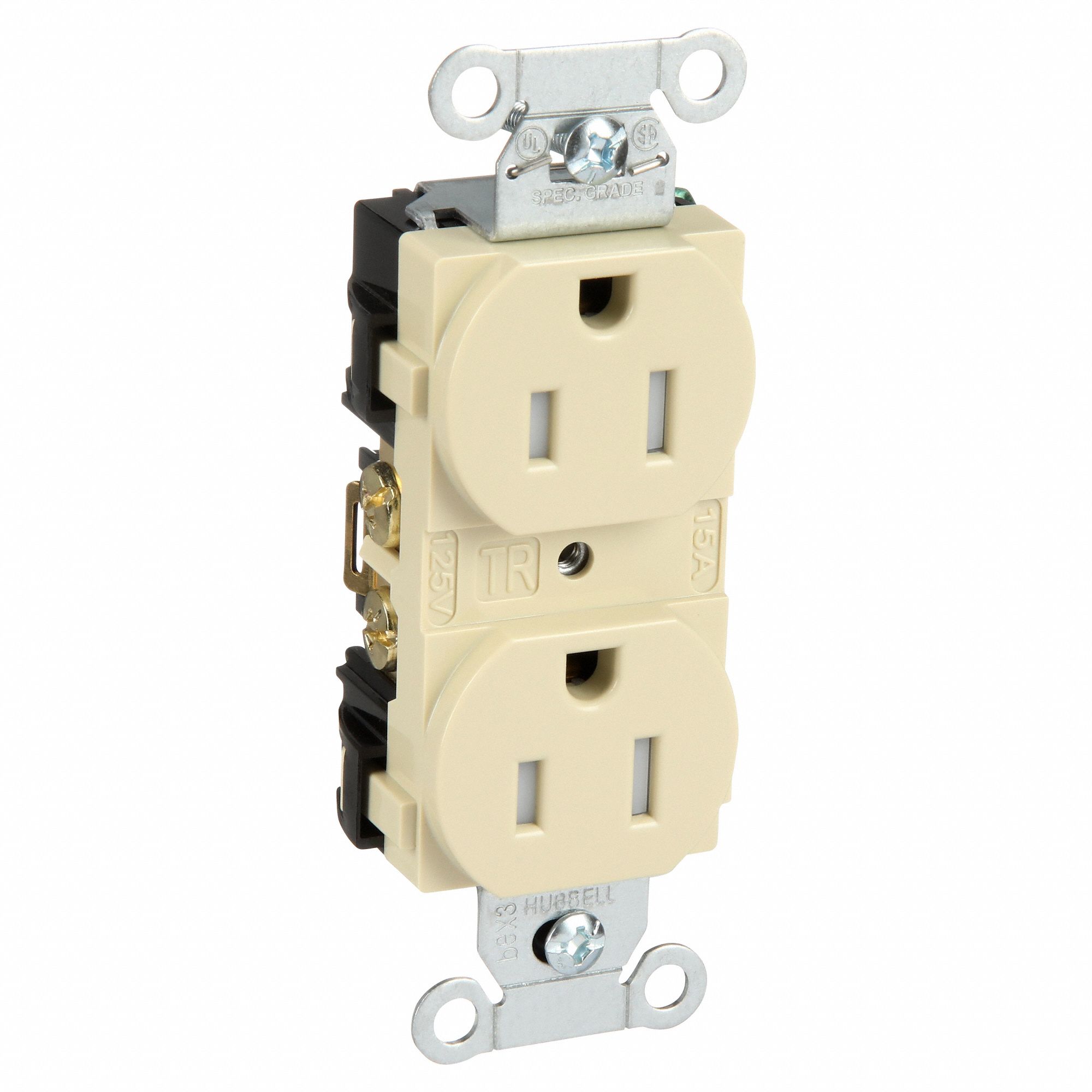RECEPTACLE, DUPLEX, IVORY, 5-15R, 15 A, 125V AC, 2 POLE/3 WIRE, SCREW TERMINALS