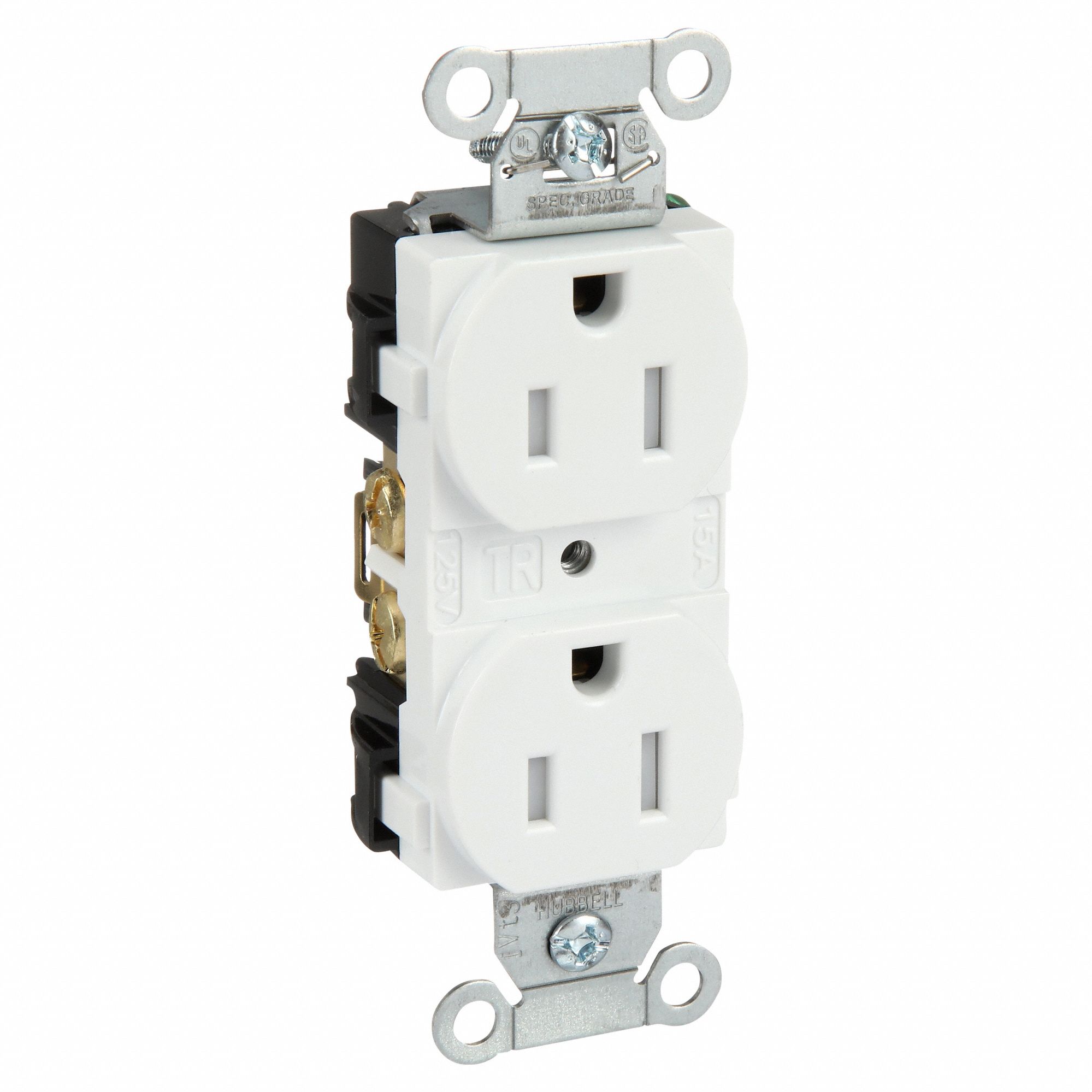 Receptacle: Duplex, White, 5-15R, 15 A, 125V AC, 2 Pole / 3 Wire, Screw Terminals