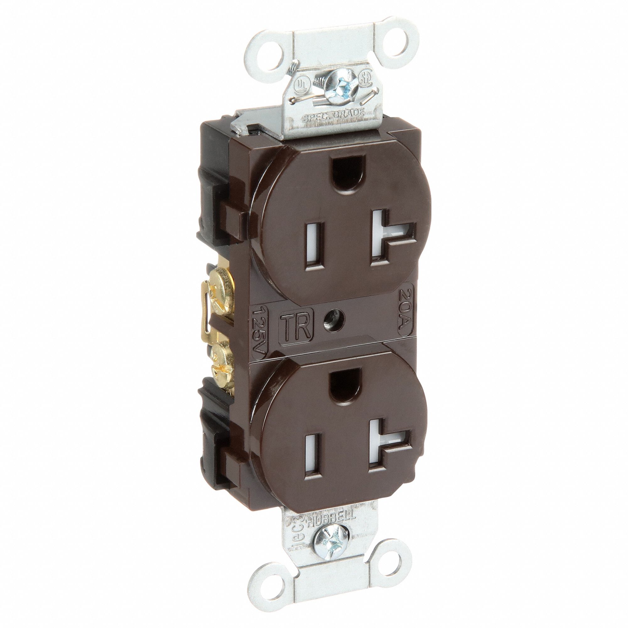 RECEPTACLE, DUPLEX, BROWN, 5-20R, 20 A, 125V AC, 2 POLE/3 WIRE, SCREW TERMINALS