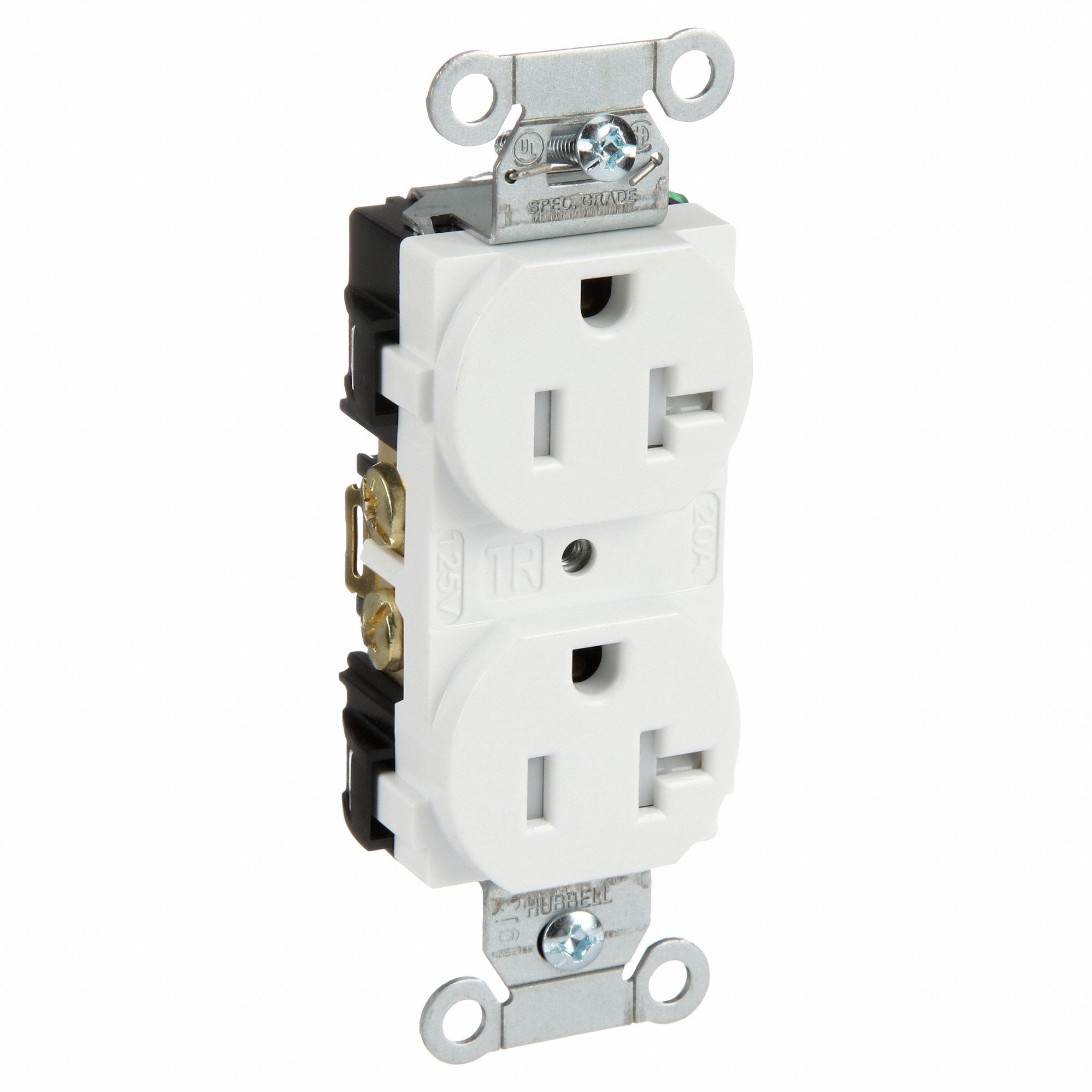 RECEPTACLE, DUPLEX, WHITE, 5-20R, 20 A, 125V AC, 2 POLE/3 WIRE, SCREW TERMINALS