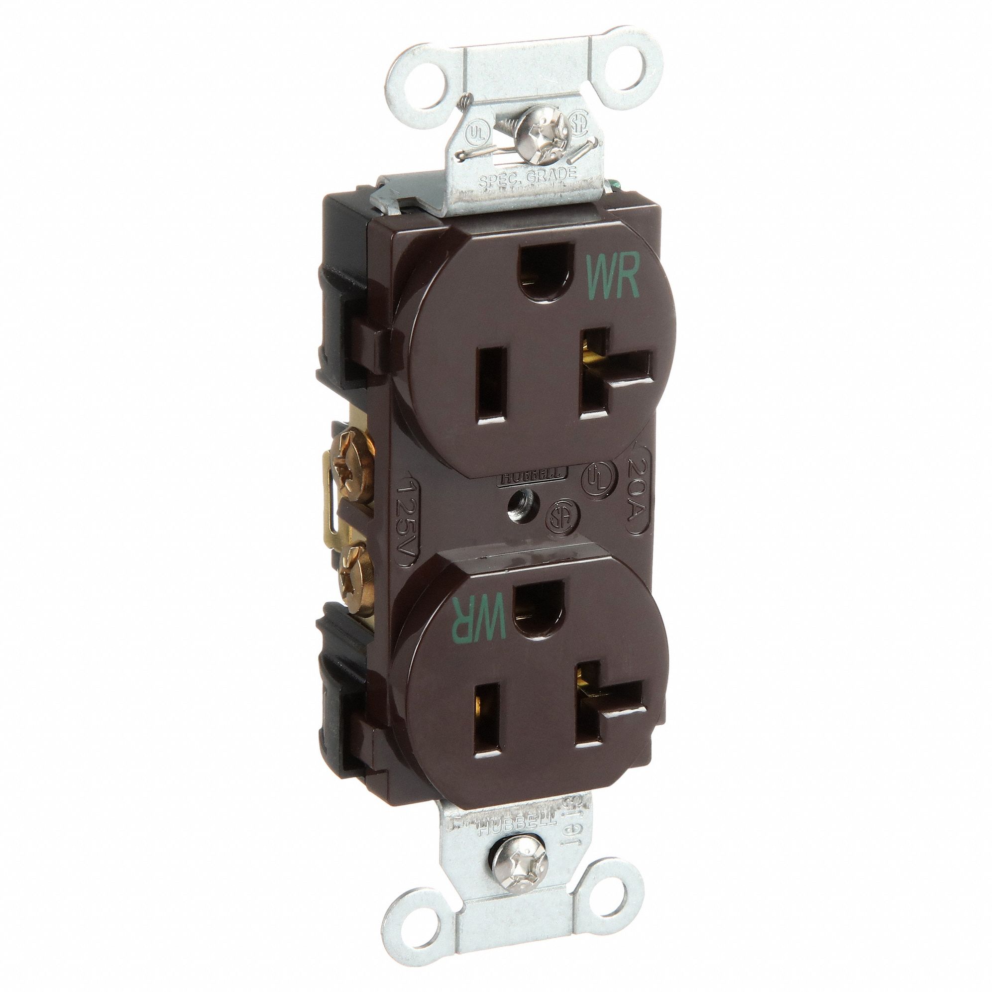 RECEPTACLE, DUPLEX, BROWN, 5-20R, 20 A, 125V AC, 2 POLE/3 WIRE, SCREW TERMINALS