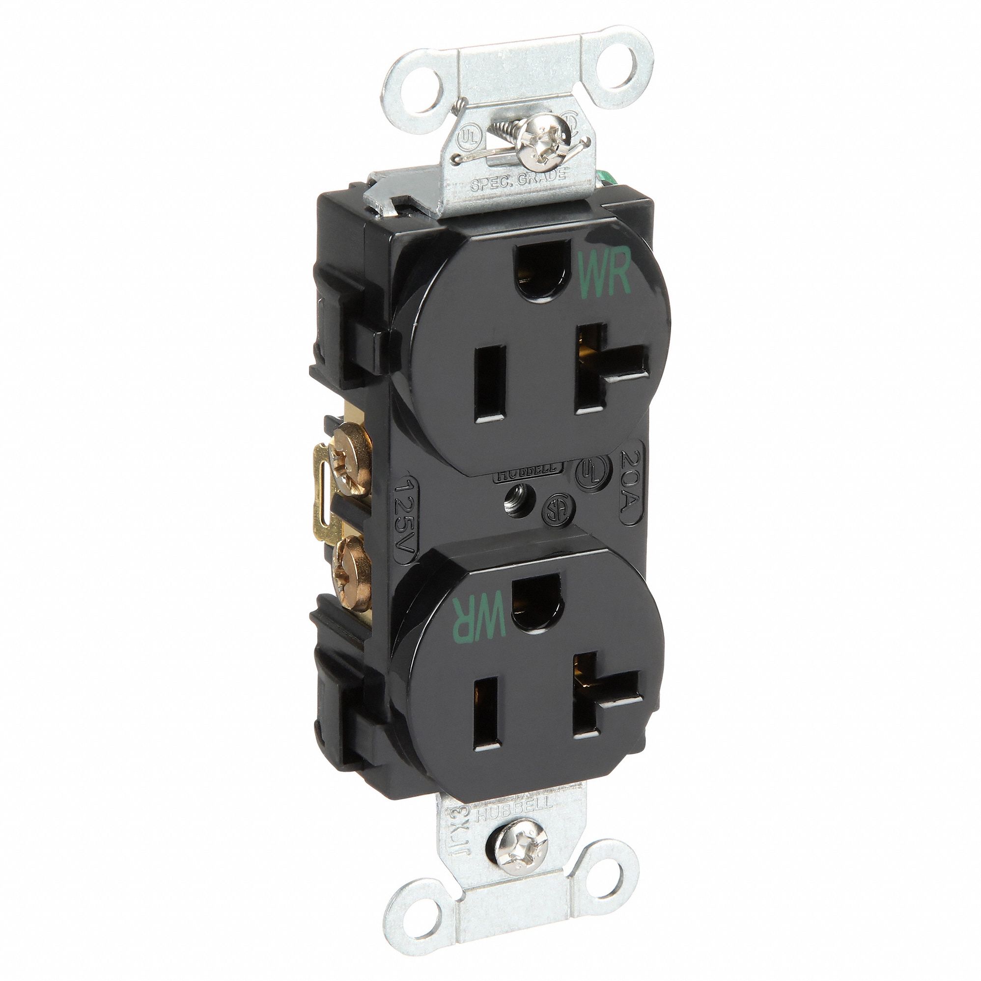 RECEPTACLE, DUPLEX, BLACK, 5-20R, 20 A, 125V AC, 2 POLE/3 WIRE, SCREW TERMINALS