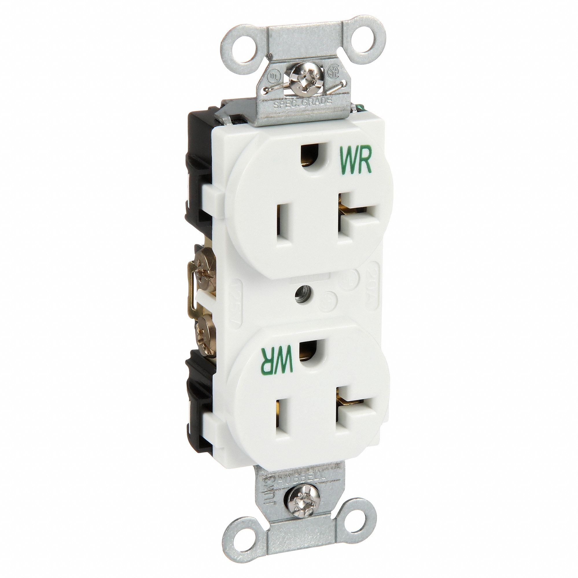 RECEPTACLE, DUPLEX, WHITE, 5-20R, 20 A, 125V AC, 2 POLE/3 WIRE, SCREW TERMINALS