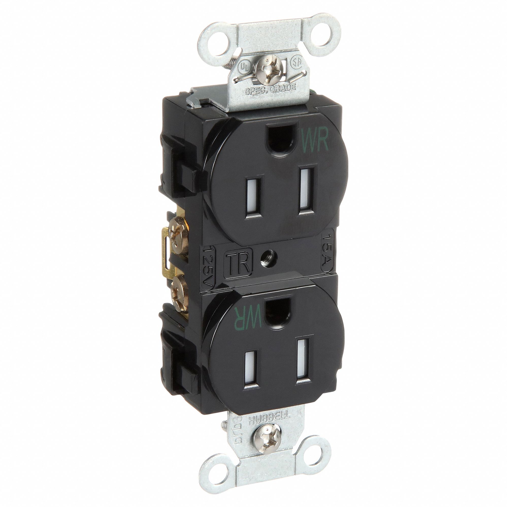 RECEPTACLE, DUPLEX, BLACK, 5-15R, 15 A, 125V AC, 2 POLE/3 WIRE, SCREW TERMINALS