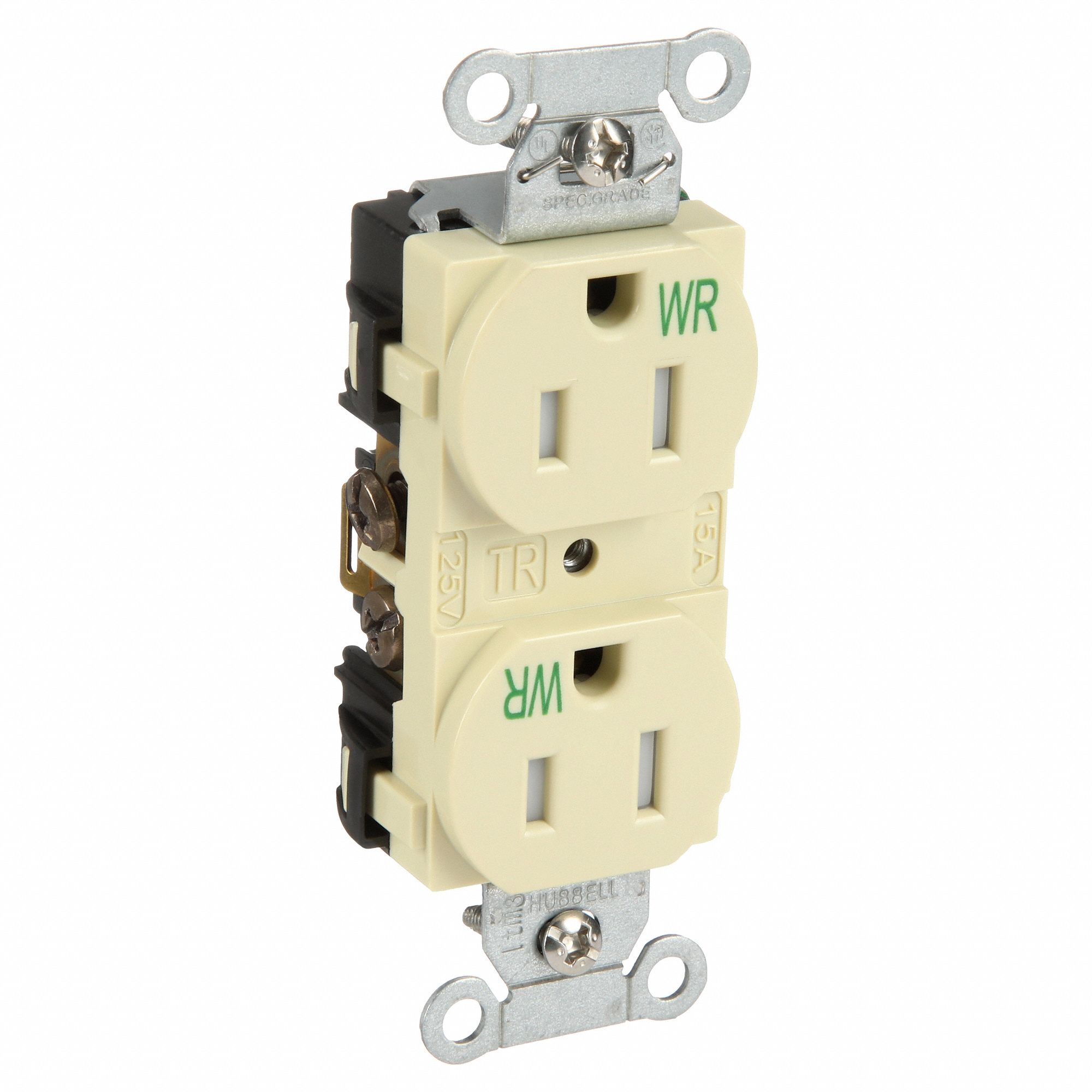 Receptacle: Duplex, Ivory, 5-15R, 15 A, 125V AC, 2 Pole / 3 Wire, Screw Terminals