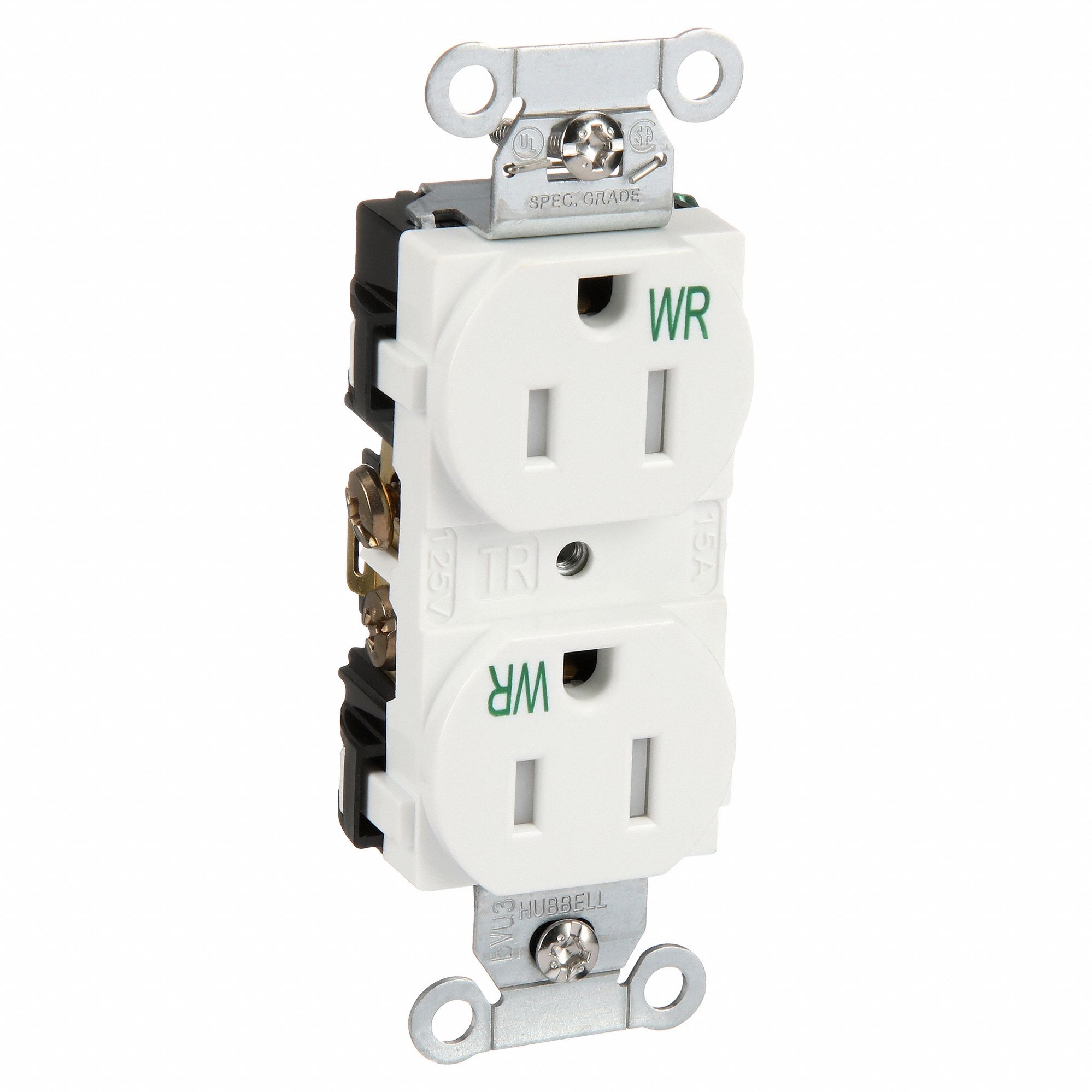 RECEPTACLE, DUPLEX, WHITE, 5-15R, 15 A, 125V AC, 2 POLE/3 WIRE, SCREW TERMINALS
