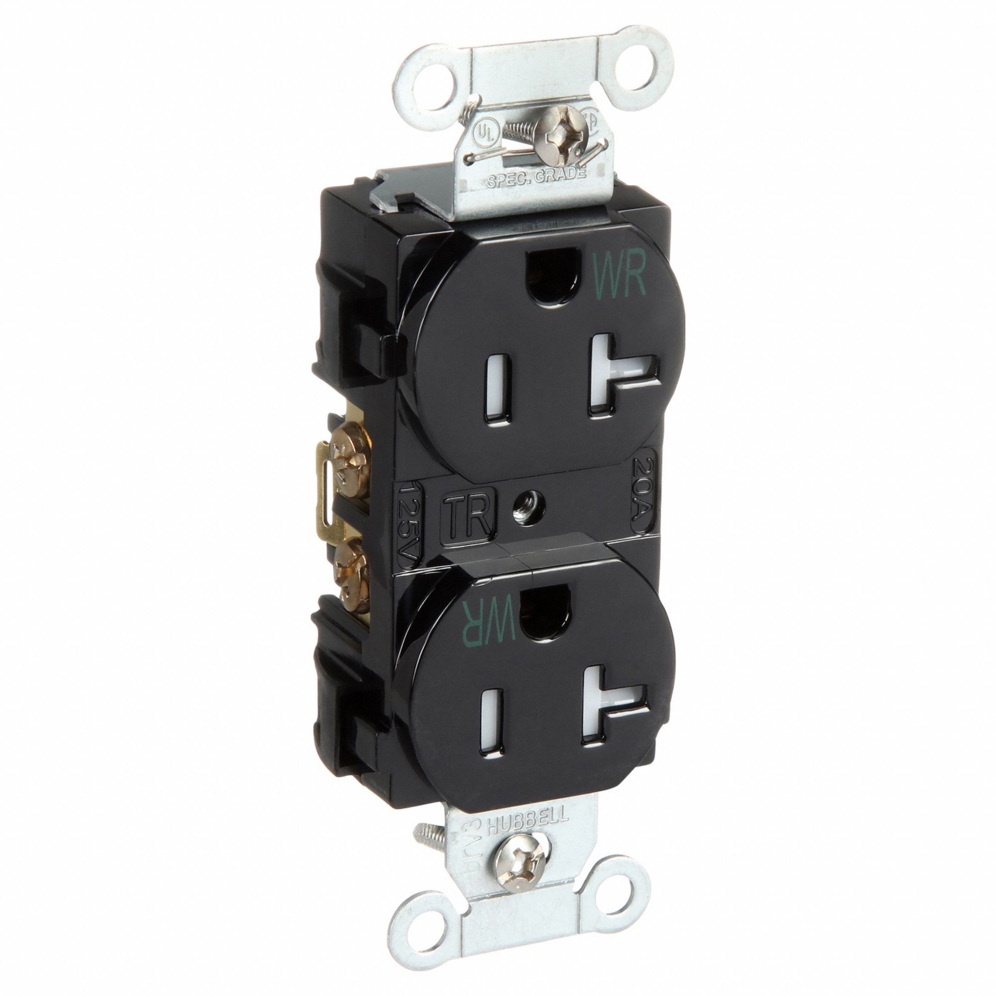 RÉCIPIENT, PRISE DOUBLE, 2 PÔLES/3 FILS, NYLON, LAITON, 125 V CA, 20 A, BORNES À VIS, 5-20R, 1 CV, 10 AWG, NOIR