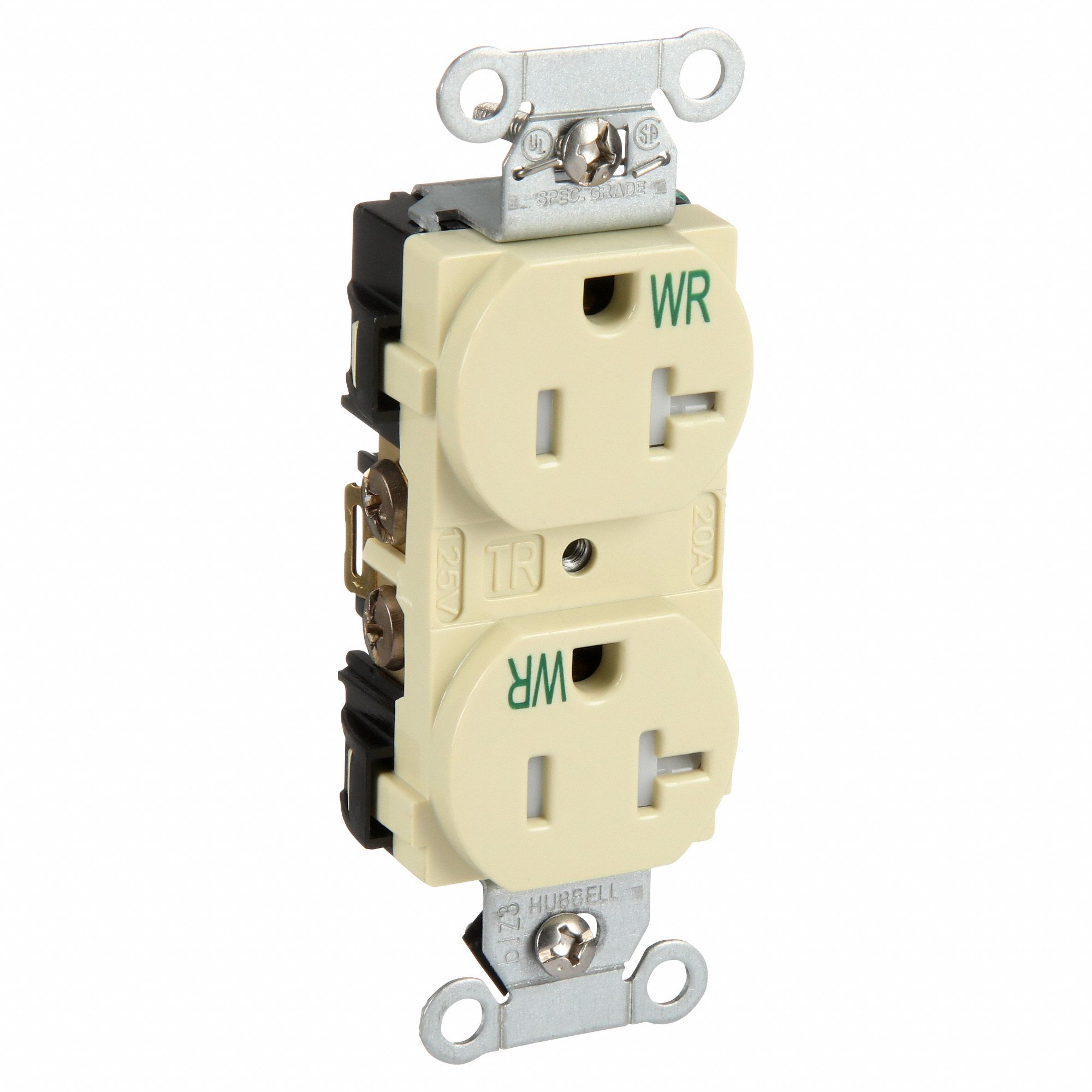 RECEPTACLE, DUPLEX, IVORY, 5-20R, 20 A, 125V AC, 2 POLE/3 WIRE, SCREW TERMINALS