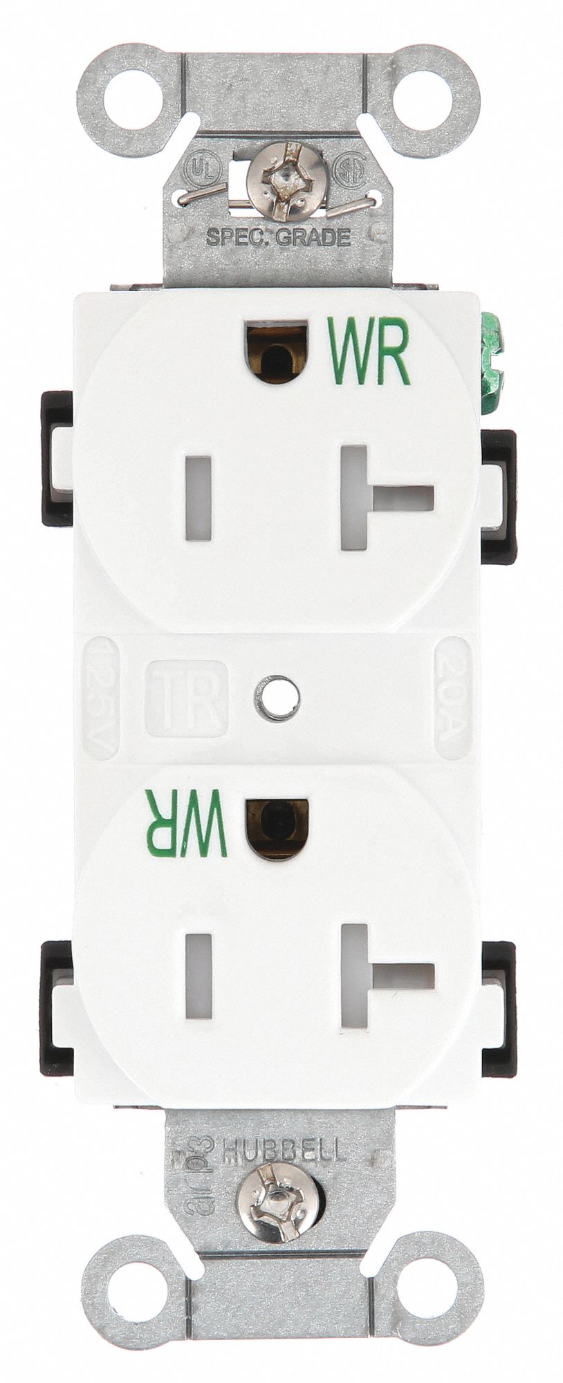 RECEPTACLE, DUPLEX, WHITE, 5-20R, 20 A, 125V AC, 2 POLE/3 WIRE, SCREW TERMINALS