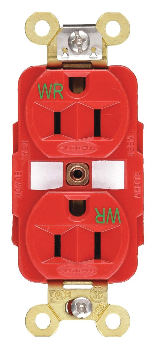 RECEPTACLE, DUPLEX, 5-15R, 125V AC, 15 A, RED, 2 POLE/3 WIRE, SCREW TERMINALS