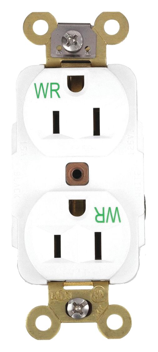 RECEPTACLE, DUPLEX, 5-15R, 125V AC, 15 A, WHITE, 2 POLE/3 WIRE, SCREW TERMINALS